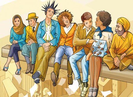 Illustration: unterschiedliche Menschen sitzen zusammen auf einem Stahlträger