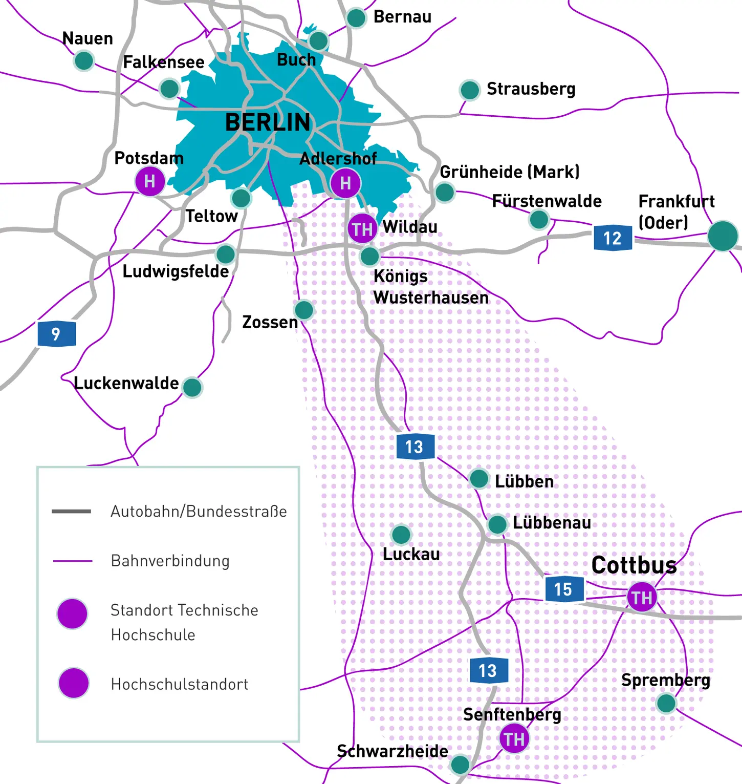 Karte: Gebiet des Innovationskorridors Berlin — Lausitz