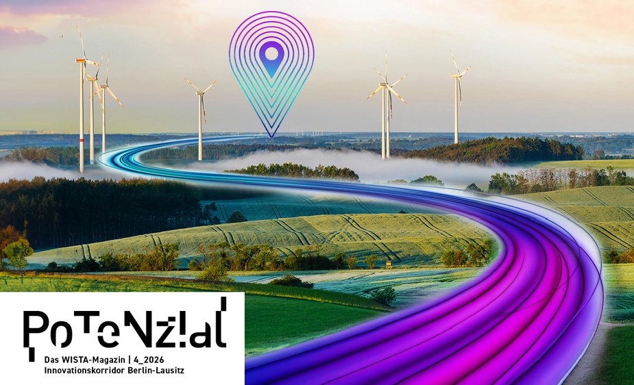 A landscape featuring wind turbines and a stylised, winding road with a location pictogram on the horizon