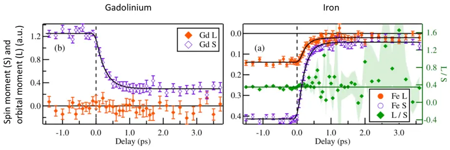 Zeitlicher Verlauf des Spin- und Bahndrehimpulses von Gd und Fe in der Legierung. Bild: MBI