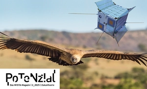 Photomontage: flying vulture and nanosatellite