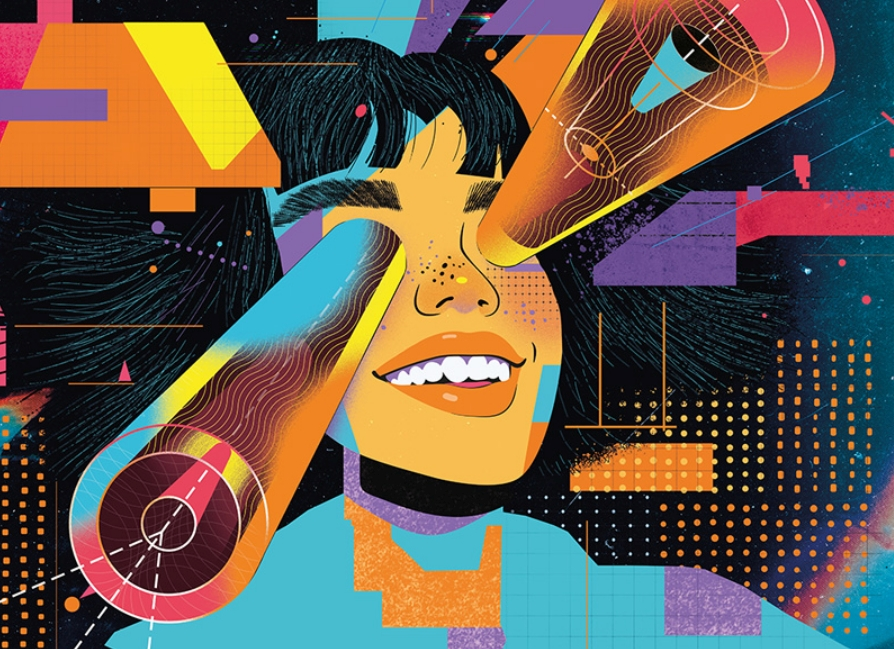 Illustration: Mädchen mit Teleskopen vor den Augen