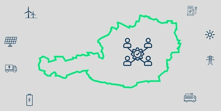 Grafik: Umrisskarte von Österreich mit Symbol für Vernetzung in der Mitte und verschiedenen Energie- und Transportsymbolen rundherum