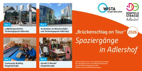 Text: „Brückenschlag on Tour 2026“ Spaziergänge in Adlershof, 4 Bilder der Tourthemen