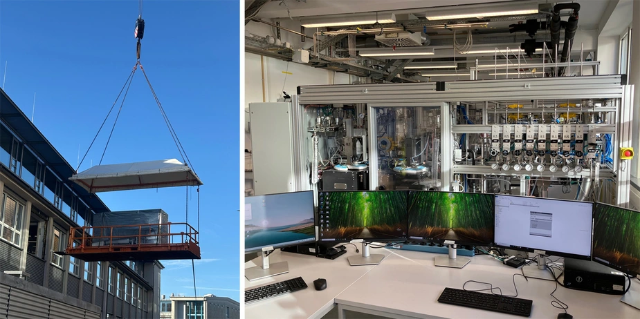 On the left, a crane hoist on a building; on the right, several computer screens in front of a machine