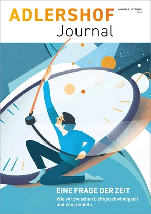 Cover Adlershof Journal: Illustration einer Person, die versucht, die Zeiger einer Uhr aufzuhalten