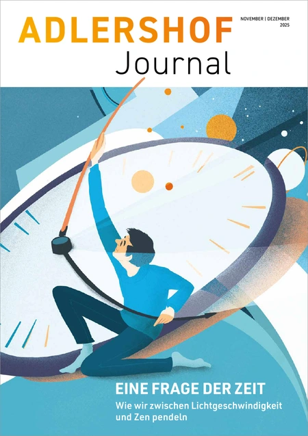 Cover Adlershof Journal: Illustration einer Person, die versucht, die Zeiger einer Uhr aufzuhalten