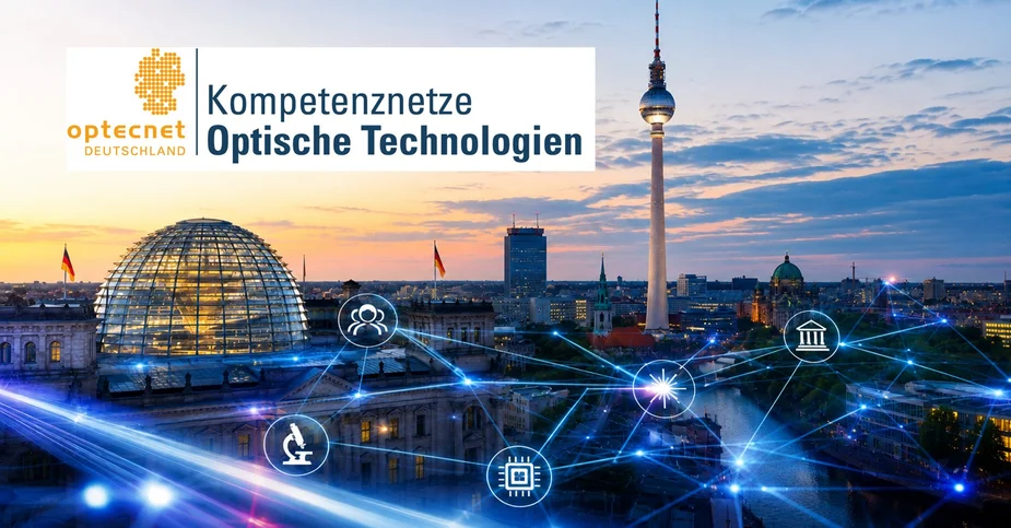 The OptecNet logo and symbols representing research and people, set against an evening cityscape of Berlin