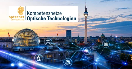 The OptecNet logo and symbols representing research and people, set against an evening cityscape of Berlin