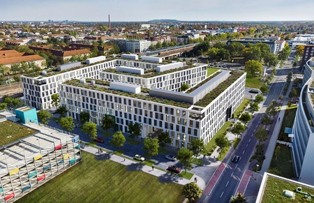 Luftbild mit Blick auf die Gebäude des OFFICE LAB CAMPUS