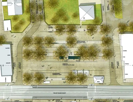 Entwurf Marktplatz Adlershof. Visualisierung:Bild: Rehwaldt Landschaftsarchitekten IVAS Ingenieurbüro für Verkehrsanlagen und -systeme