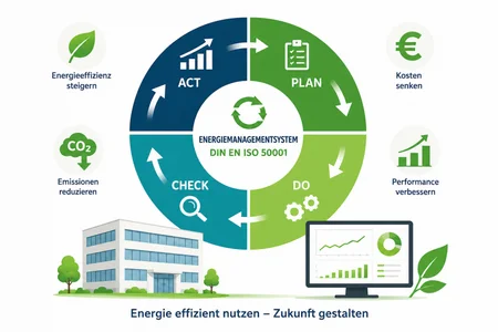 Infografik mit vier Segmenten zum Energiemanagementsystem und Symbolen für Energieeffizienz, Kosten, CO2-Emissionen, Performance, Gebäude und Diagramme