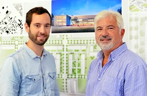 Nikolai Puhlmann (right), interim INAM chair and INAM CEO Jonas Pauly in front of a visualisation of the new IRIS research building