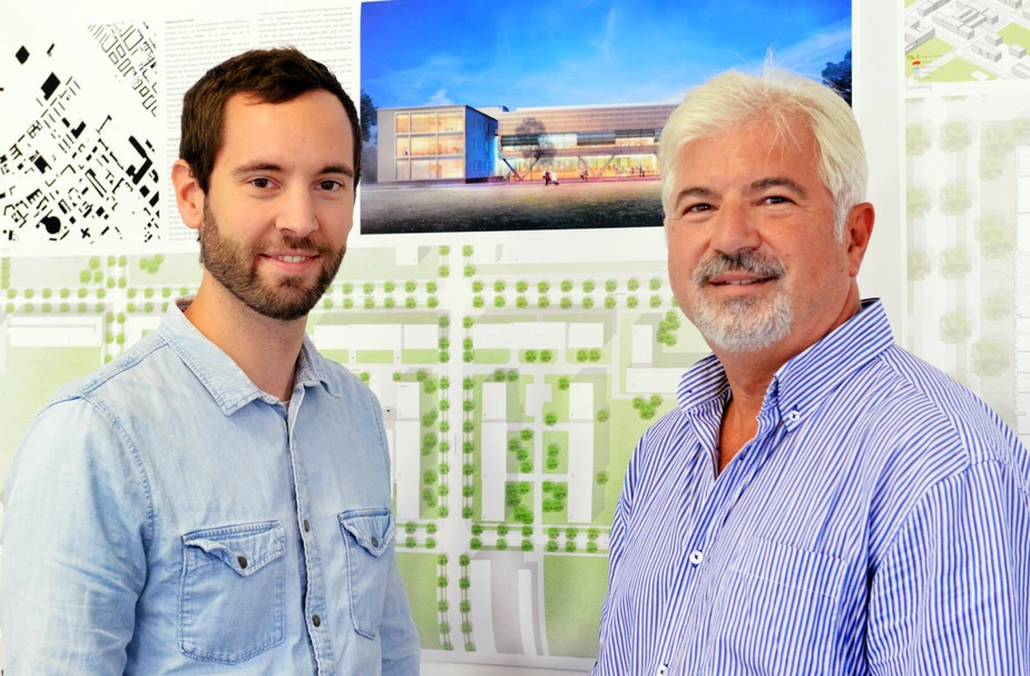 Nikolai Puhlmann (right), interim INAM chair and INAM CEO Jonas Pauly in front of a visualisation of the new IRIS research building