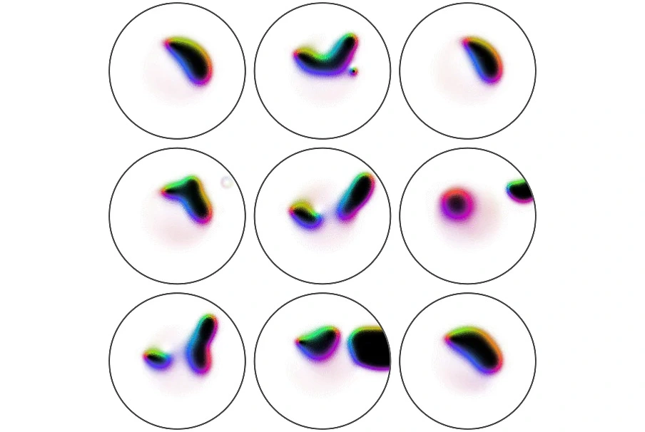 Nine circles with abstract, multicoloured shapes in the centre