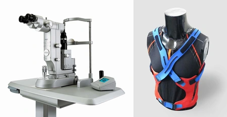 Links: Mit kurz gepulsten Lasern ist Ellex bereits weltweit führend bei der Behandlung des Glaukoms und des Grauen Stars. Rechts: Die intelligente Weste „CareJack“. Bild: © Adlershof Special