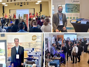 Vier Fotos von einer Fachmesse mit Besuchern vor Präsentationsbildschirm, einem Mann an einem Messestand mit Informationsmaterial, einem Mann vor einem Banner mit Halbleitertechnik und einer Gruppe von Menschen an mehreren Messeständen in einer Halle
