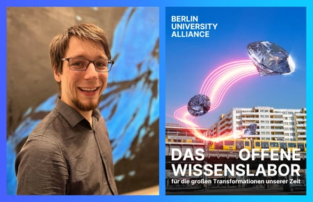 Photomontage: Portrait of Marco Stucki and poster depicting a city with diamonds flying over it