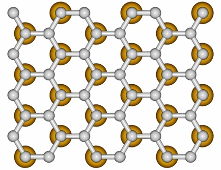 The model illustrates how the gold atoms sit under the graphene. Credit: HZB