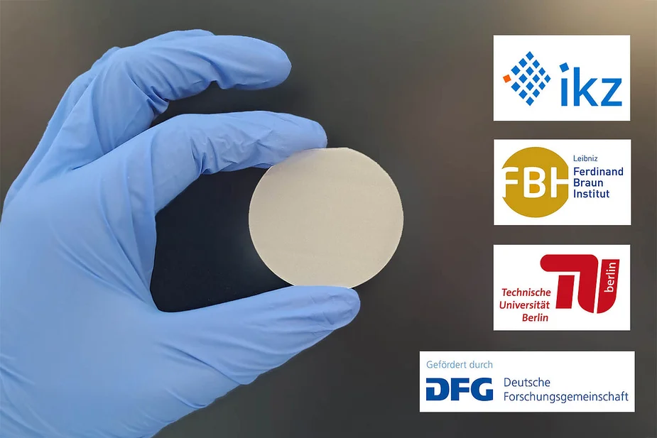 A hand wearing blue gloves holding a wafer, alongside the logos of the participating research institutes and the DFG